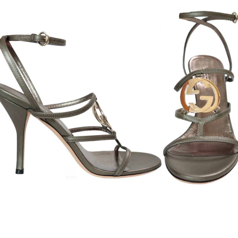 Gucci strappy heels in metallic grey